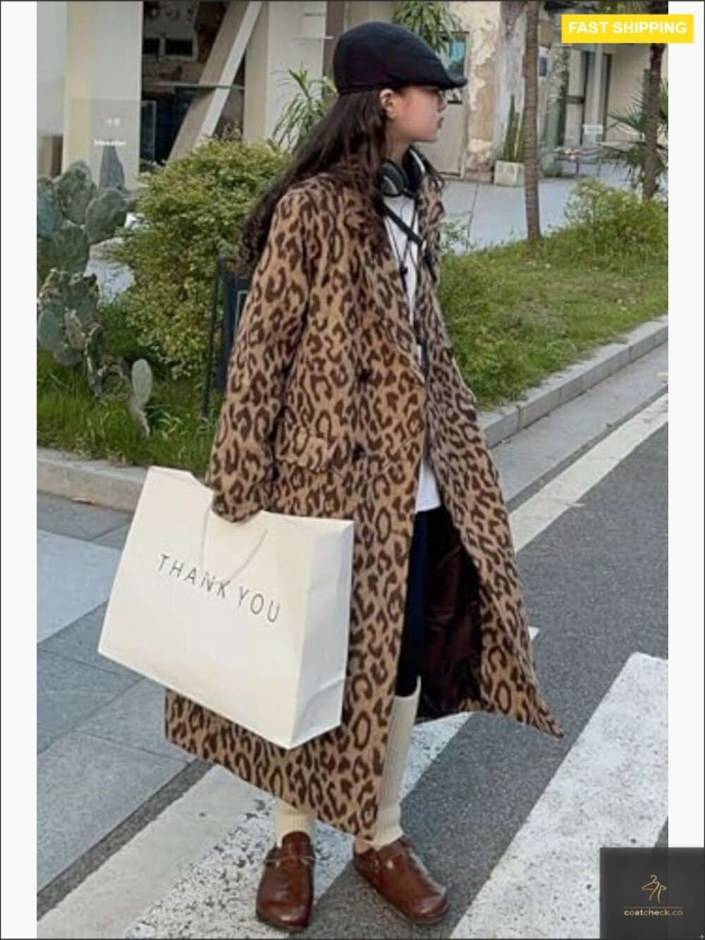 Leopard Print Wool Blend Pea Coat Double Breasted Trench Overcoat Winter Warm - Picture 4 of 7